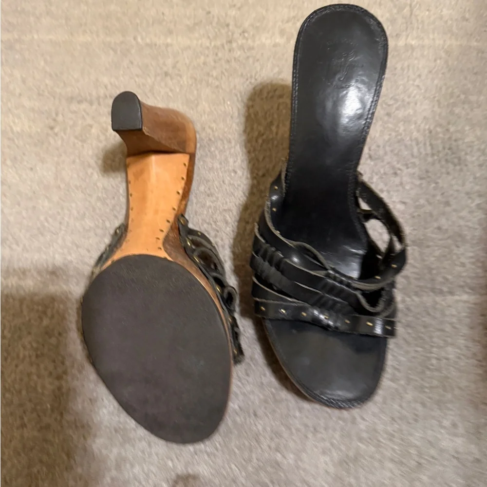 Frye Platform Leather & Wood Slide Sandals Women’s 7 Black Brown